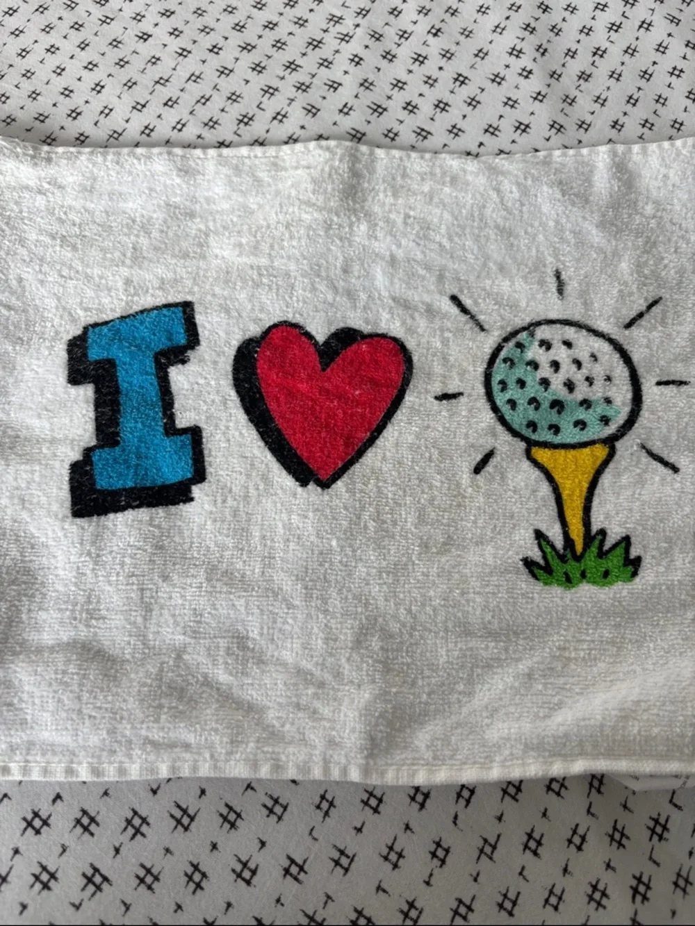 Vintage Hallmark Golf Towels, set of 2, white w/ graphics, hanging hook,17.5x11”